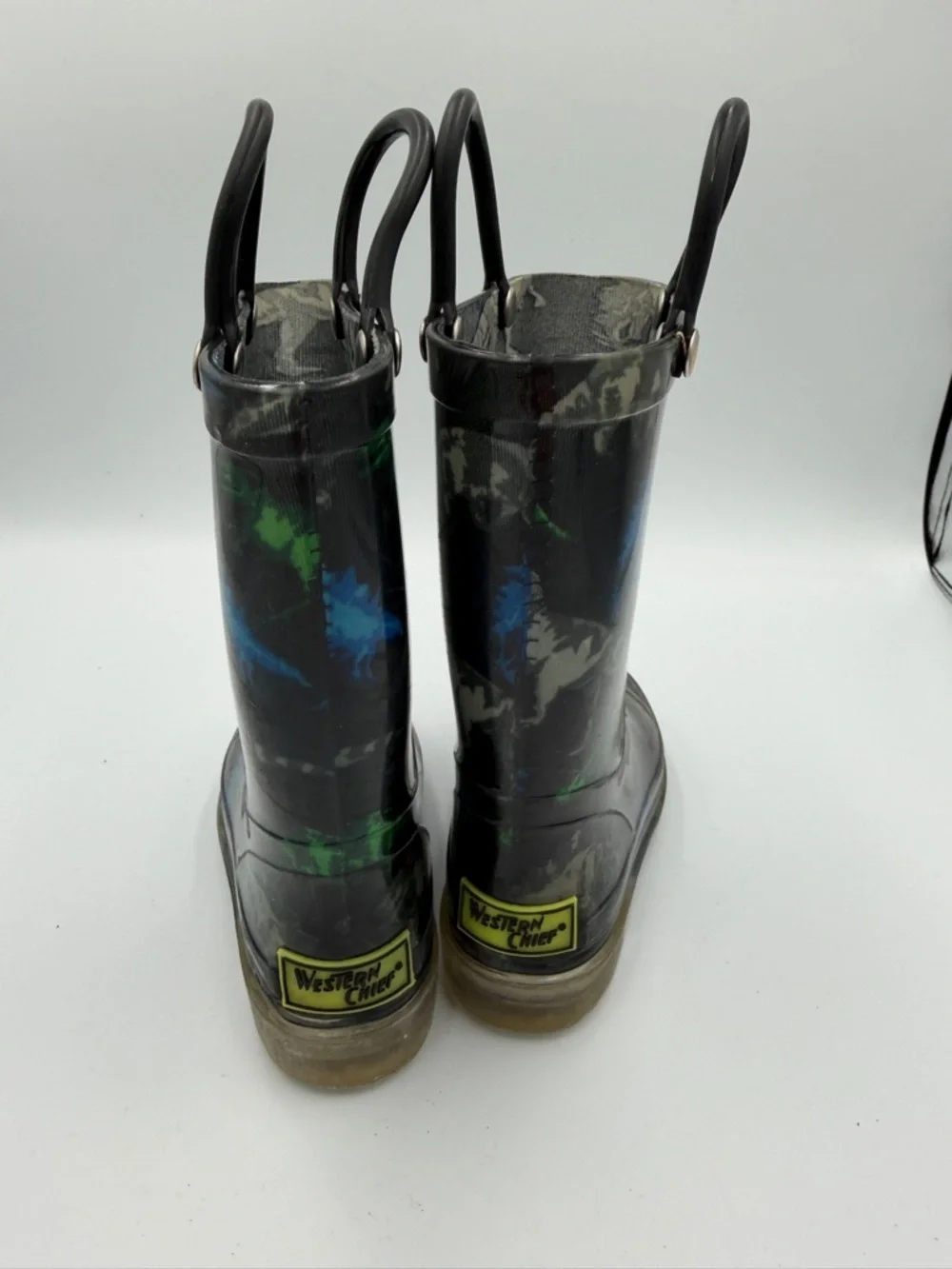 Western Chief Toddler Boy 8 Black Rain Boots Blue & Green Dinosaurs Handles